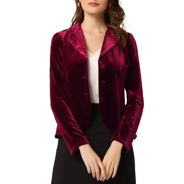 INSPIRE CHIC Blazer en Velours à Manches Longues avec Revers Cranté et Boutons pour Femmes Bourgogne