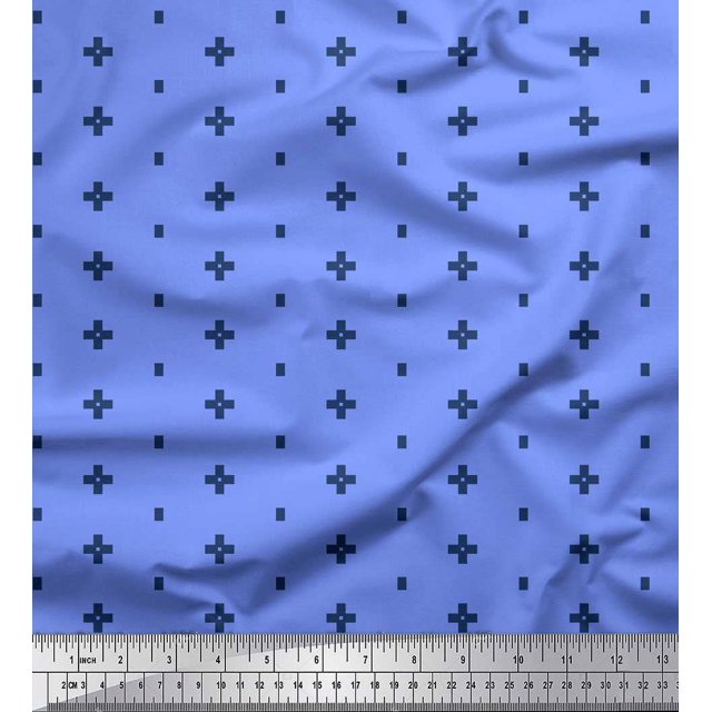 Soimoi Blue Georgette Viscose Fabric Geometric Plus Sign & Jamdani Printed Fabric 1 Yard 42 Inch Wide