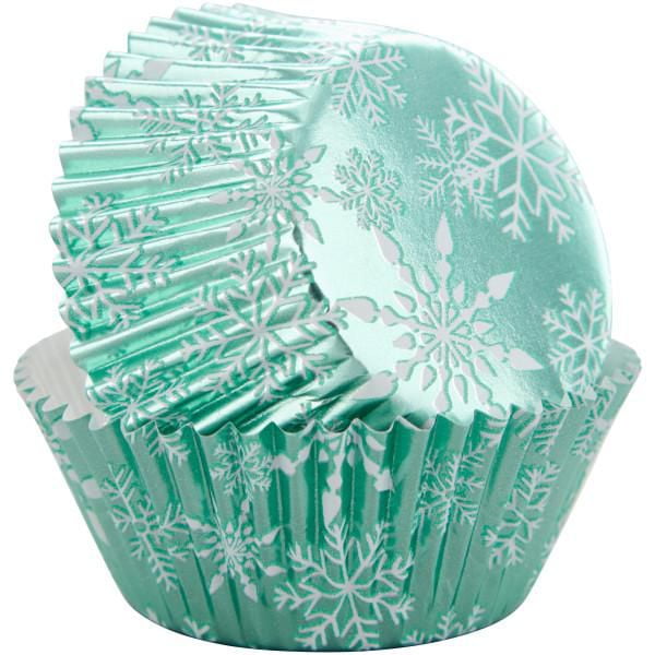 Caissettes alu pour petits gâteaux de Noël sarcelle avec flocon de neige Wilton, 24 unités