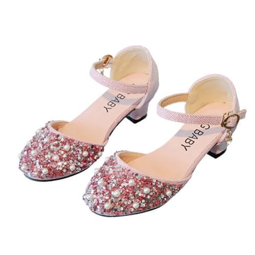 LOVZFMLL Chaussures de Fille Robe Scintillantes Classiques Sandales Mary Jane Talon Bas Mariage Fête Bal Chaussures pour Tout-Petits Enfants Rose 5 Ans
