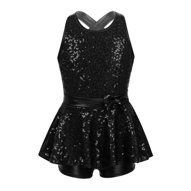 Hansber Robe de Danse Jazz Latine pour Filles Sequins Dos Ouvert Justaucorps de Ballet Performance de Scène Noir 16