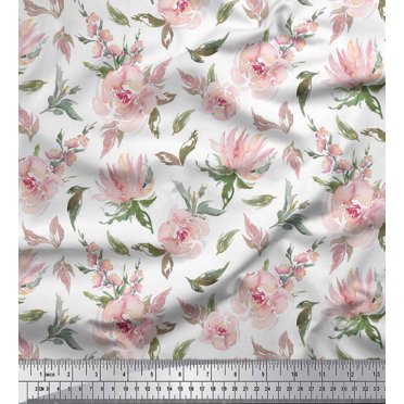Soimoi White Cotton Duck Fabric Flower & Leaves Watercolor Printed Fabric 1 Yard 56 Inch Wide