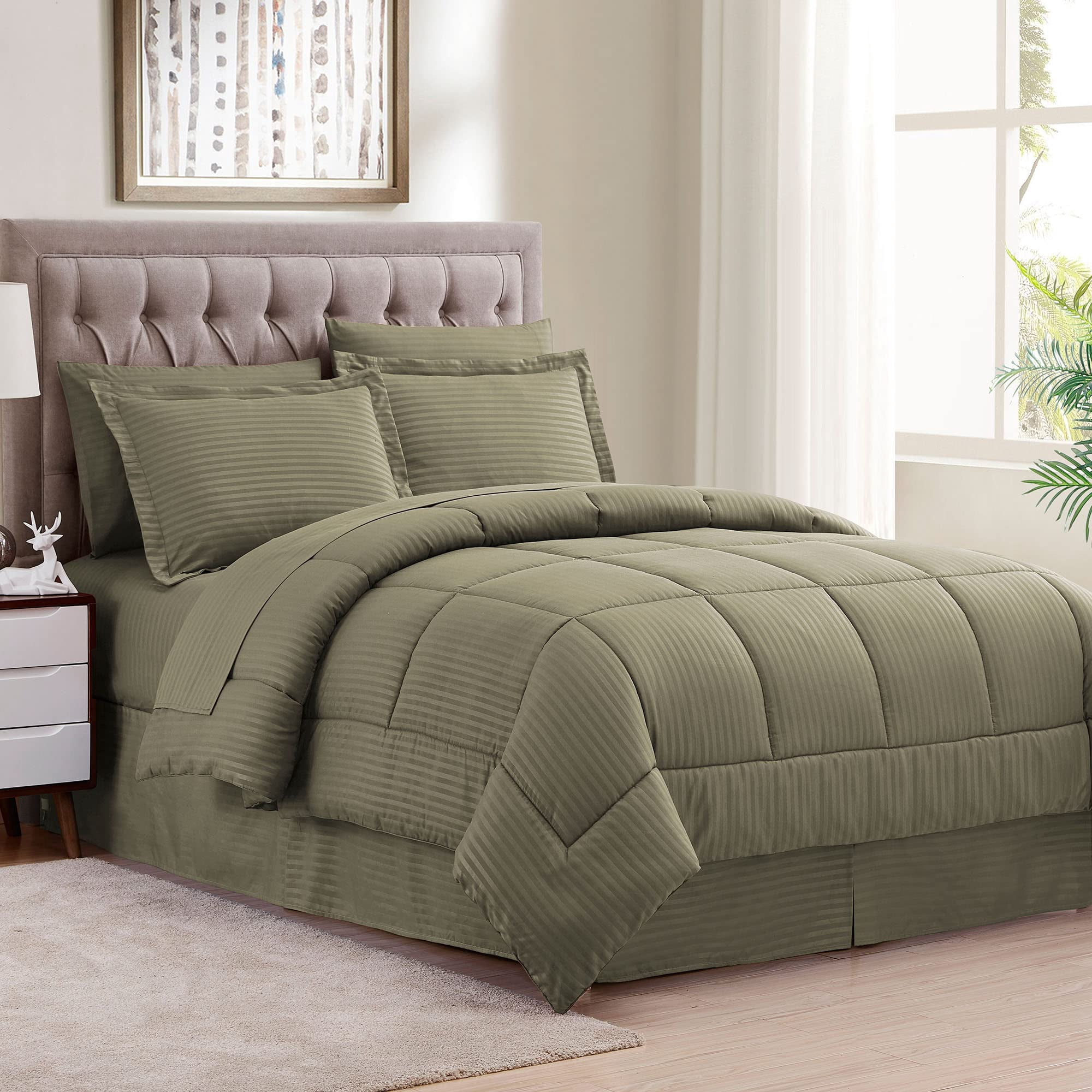 Sweet Home Collection 8 Piece Comforter Set Bag with Dobby Stripe Design, Bed Fitted, 1 Flat Sheet, 2 Pillowcases, 2 Shams, King Sage
