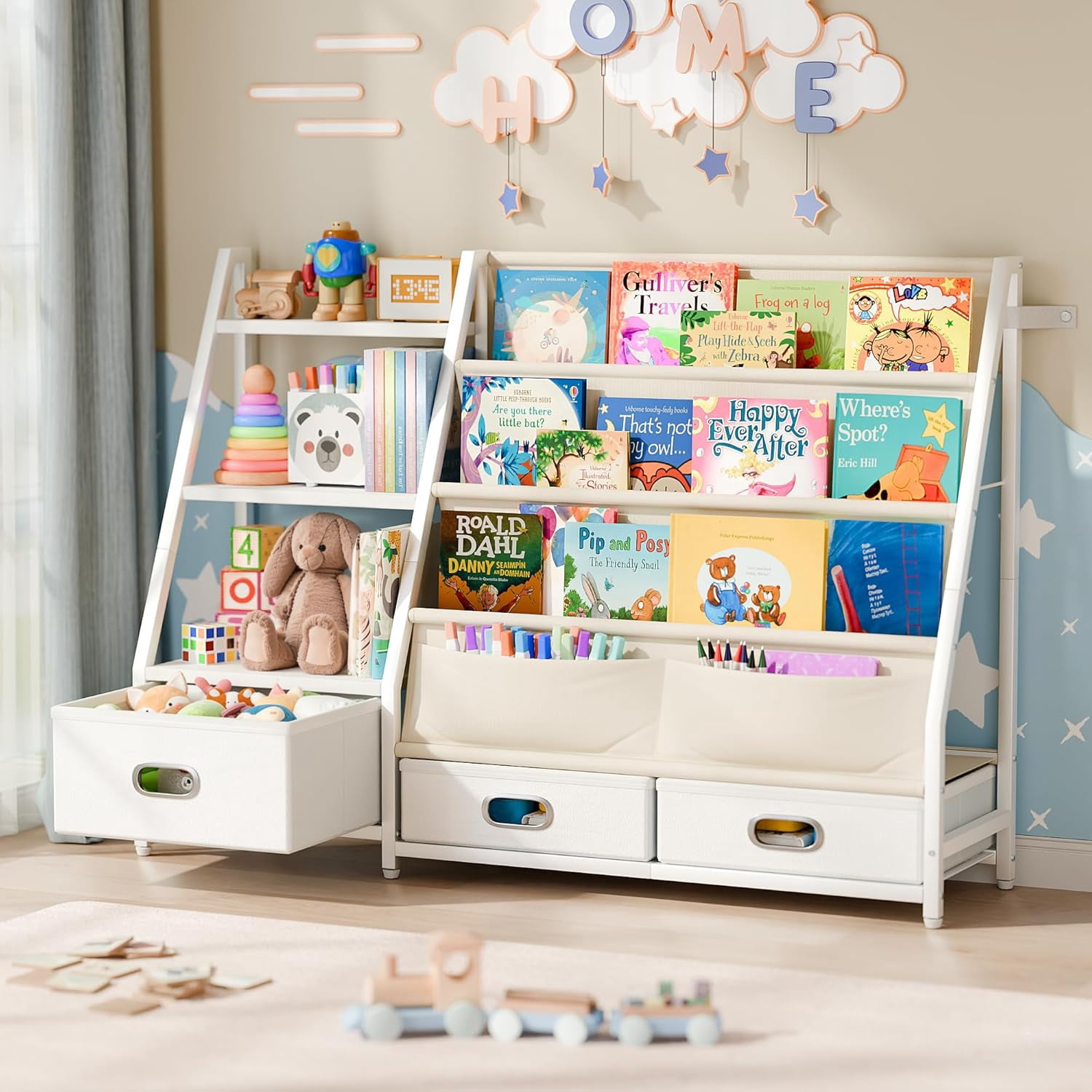 Kids Bookshelf and Toy Storage - Tier Toddler Book Shelf for Kids Rooms  Children Baby Bookshelf with Drawers  Toy Storage Organizer Nursery Book Shelves for Playroom Bedroom