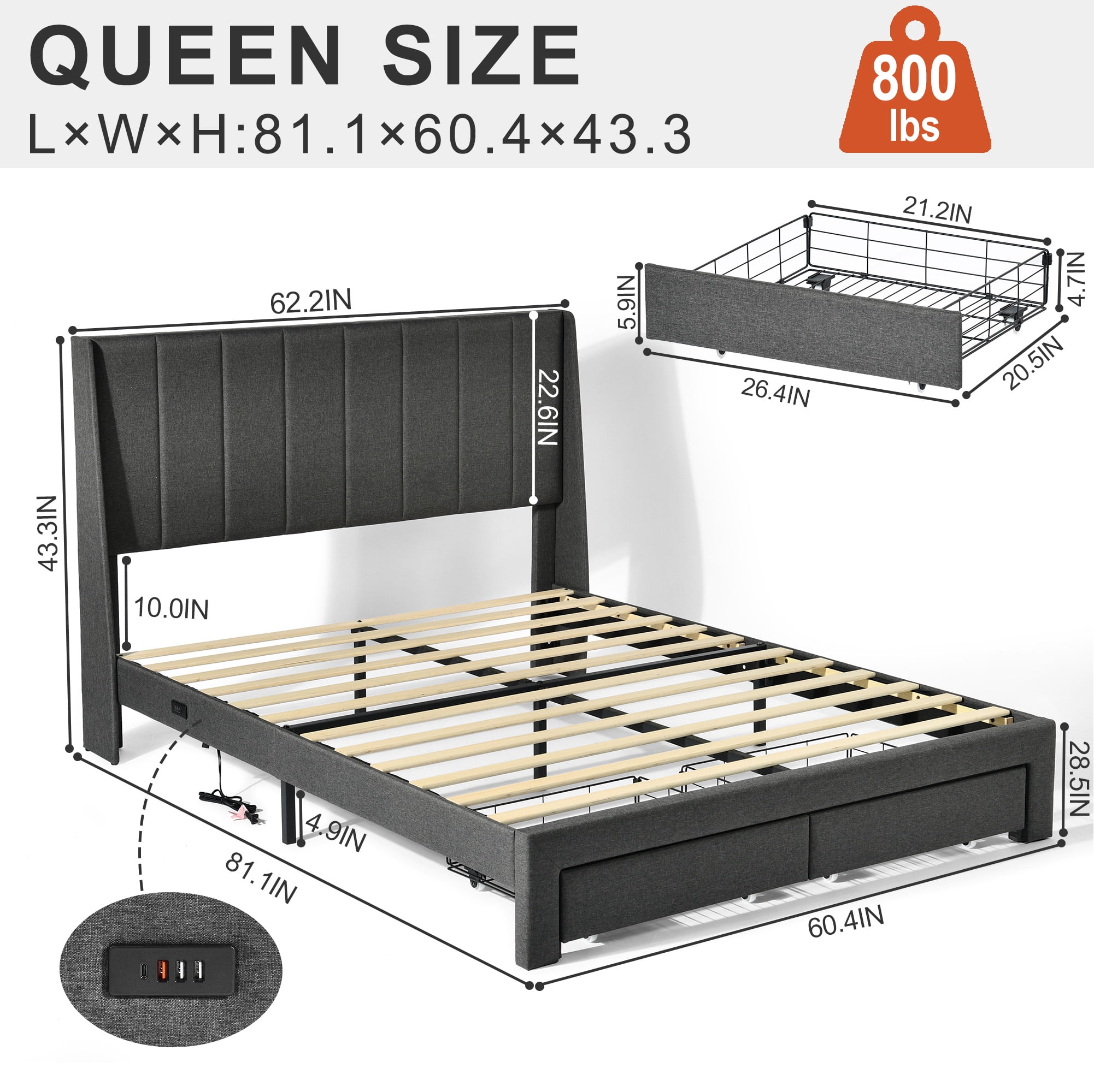 Homy Casa Upholstered Queen Bed Frame with Portable Bedside Tray Table