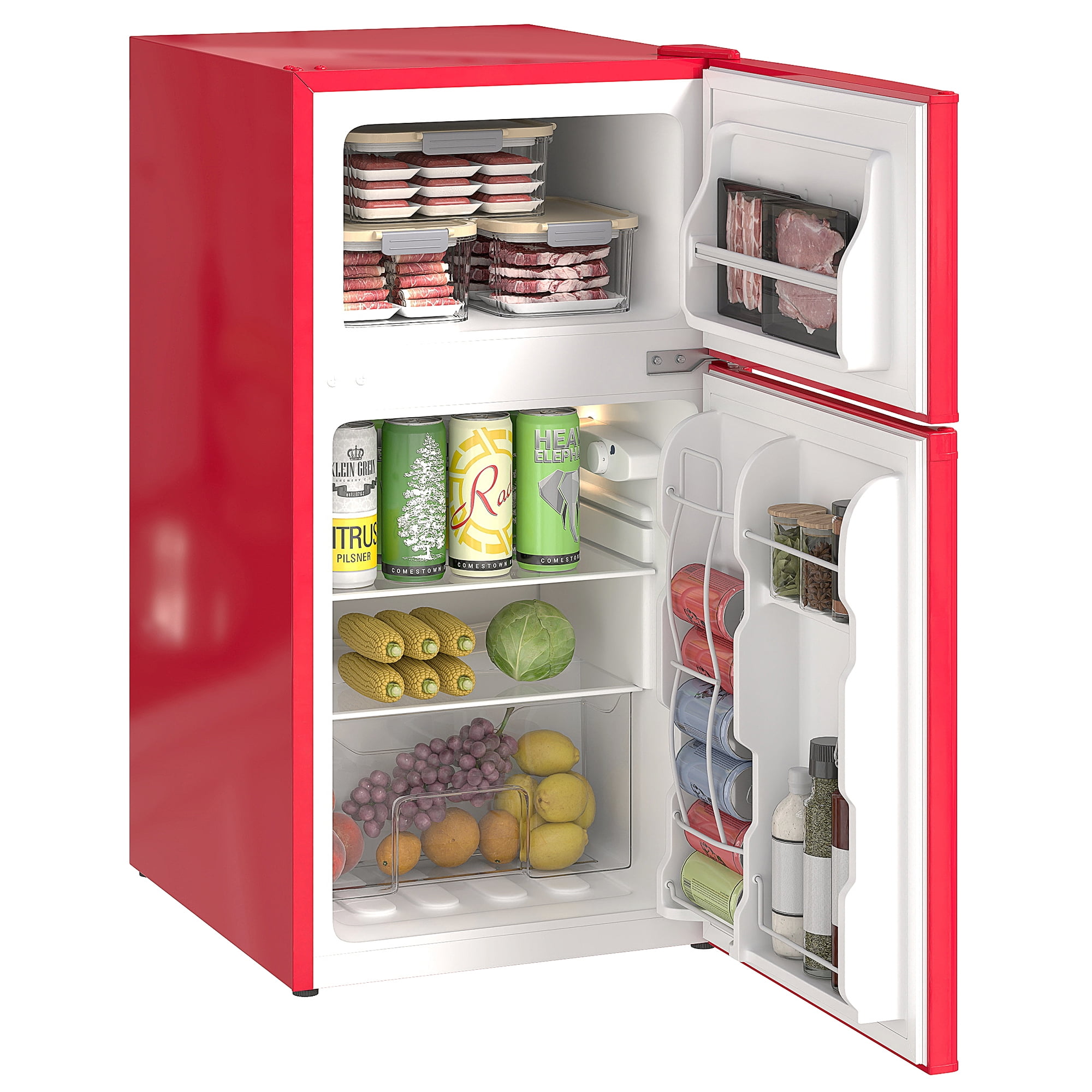 CoSoTower 3.2 Cu Ft Compact Refrigerator, Mini Fridge with Freezer, Adjustable Shelves and Reversible Doors for Bedroom, Red