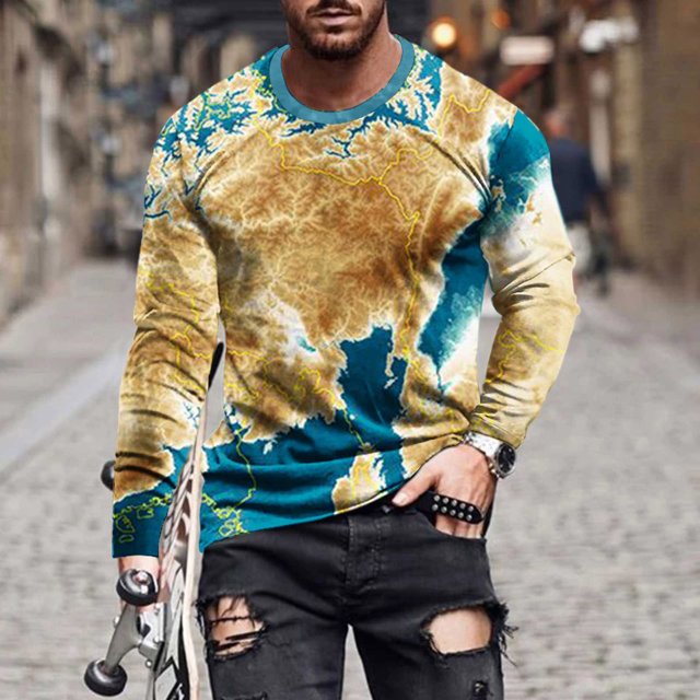 TIMIFIS Chandails pour Hommes Chandail Imprimé Décontracté T-Shirt à Manches Longues pour Hommes Col Rond T-Shirt Graphique Hauts Hommes Coupe Ample Chandail de Course Chandail Taille-Bluefall