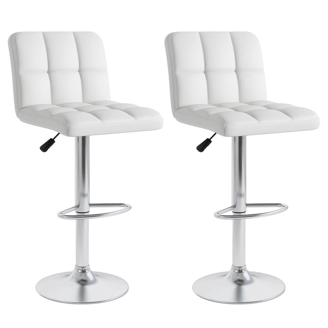 Costway Modern Swivel Bar Stools Set of 2 with heavy-duty metal base and footrest in white. These stools feature a 360° swivel function, adjustable height from 25 to 33.5 inches, and a padded PU leather seat with tufted stitching. The electroplated metal base includes a non-slip ring for stability and floor protection. Designed with a supportive backrest and integrated footrest for comfort, these stools are ideal for kitchen islands or bar areas. Dimensions: 21 x 17 x 36.5-45 inches (L x W x H).