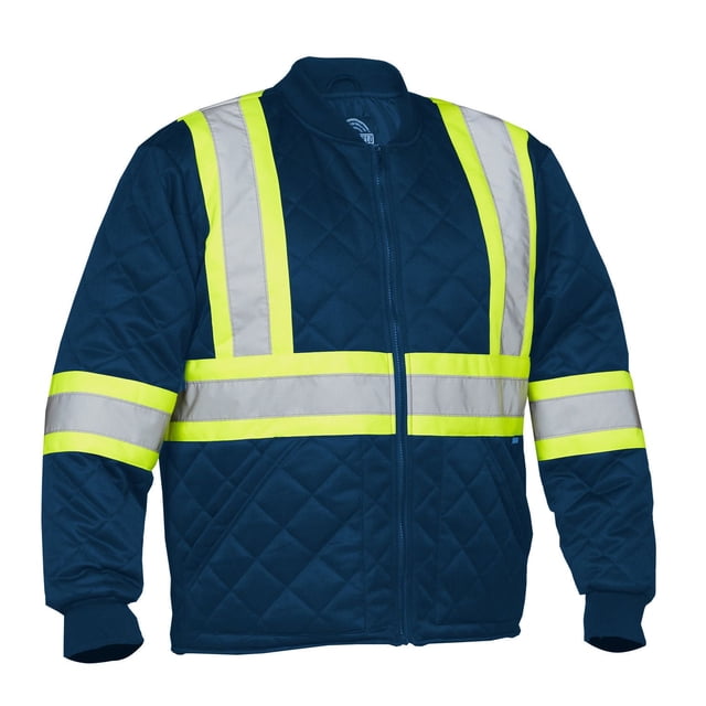 Forcefield Men's Hi-Visible Safety Freezer Jacket in navy blue quilted polyester with lime yellow and reflective silver CSA Z96-15 compliant safety stripes on torso and sleeves, rib-knit collar and cuffs, front zipper, and kangaroo pockets, suitable for refrigerated warehouse work and moderate cold insulation.