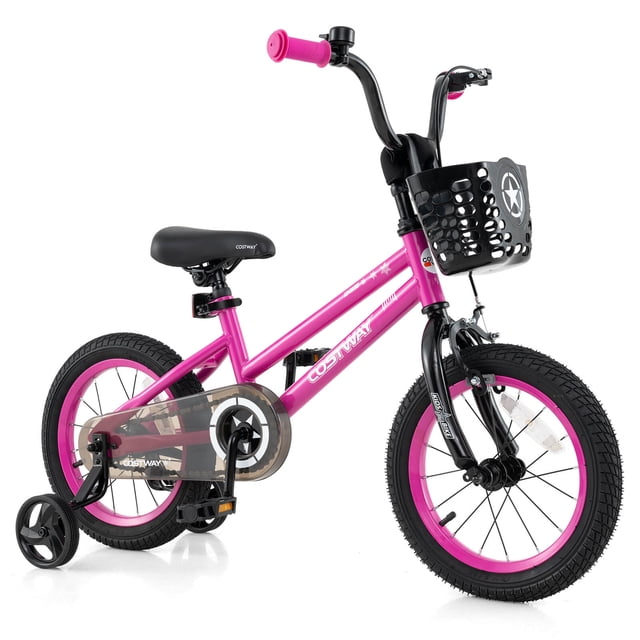 Costway Vélo pour Enfant de 14 Pouces avec Roues Stabilisatrices, Guidon et Selle Ajustables, Frein à Main Rose. Ce Vélo Rose Présente un Cadre en Métal durable, des Roues de 14 Pouces et un Panier avant pour le Rangement. Il Comprend des Roues Stabilisatrices Détachables, un Système de Freinage Double avec un Frein à Main et un Frein à Rétropédalage, et un Guidon et un Siège Ajustables pour Accueillir les Enfants de 3 à 5 Ans. le Vélo a Aussi des Pédales Antidérapantes, un Siège Ergonomique et des Réflecteurs avant et Arrière pour une Sécurité Accrue