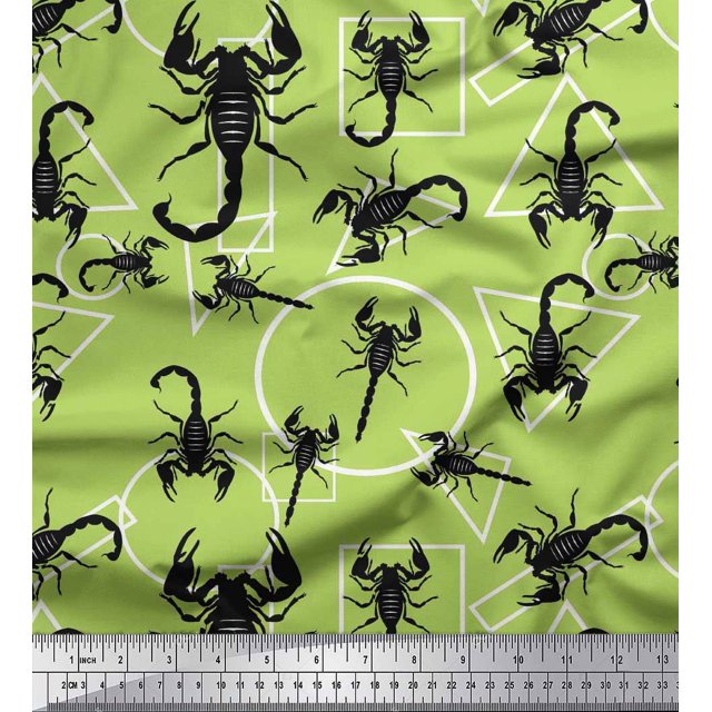 Soimoi Moss Georgette Fabric Geometric Shapes & Scorpion Insects Print Fabric by the Yard 42 Inch Wide
