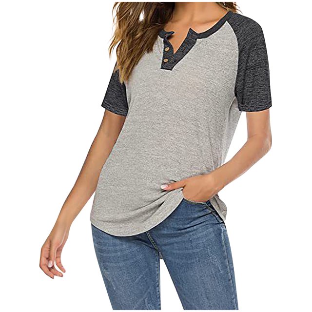 Timegard Women Tops Notched V Neck Button Short Sleeve Color Block Loose Comfy Summer Casual Shirts Tops