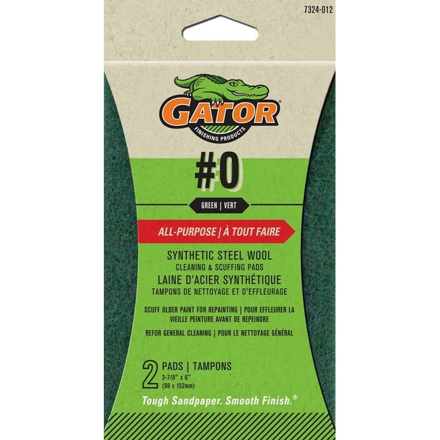 #0 Green Synthetic Wool Pad by Gator with two all-purpose synthetic steel wool cleaning and scuffing pads sized 3-7/8 by 6 inches (98 x 152 mm), designed for scuffing older paint before repainting and general cleaning, providing tough sandpaper action with a smooth finish.