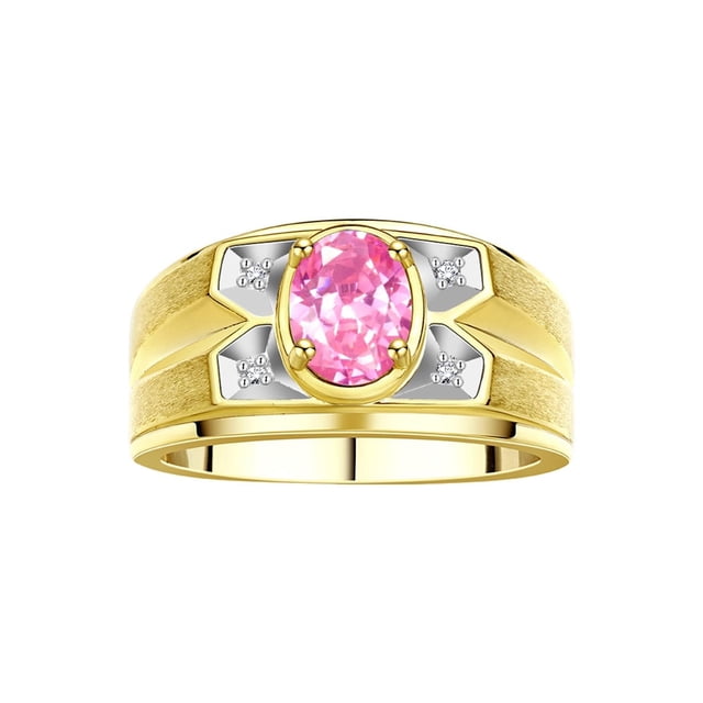 RYLOS Men's Rings 14K Yellow Gold Rings Classic Designer Style 8X6MM Oval Gemstone & Diamond Ring Pink Ice October Birthstone Rings For Men Size 10