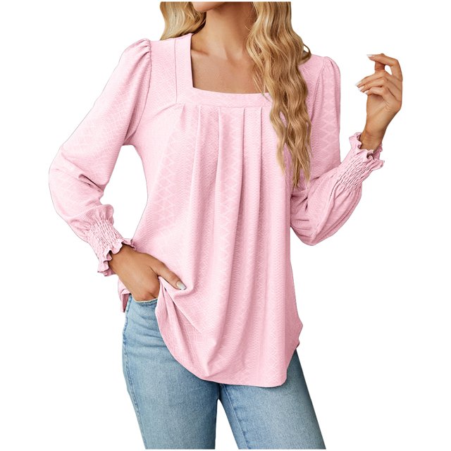 Pompotops Women's Fashion Deep Square - Neck Solid Button Long Sleeve Blouse Shirt Top Clearance