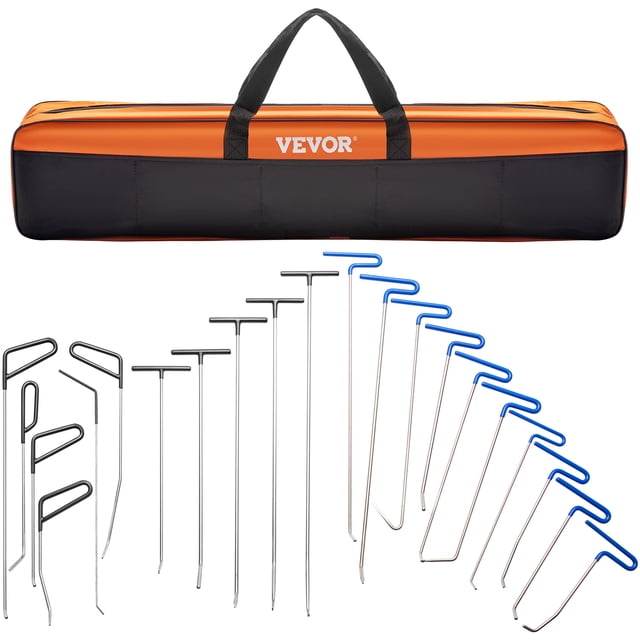 VEVOR Rods Dent Puller Stainless Steel Paintless Repair Kits Hail Removal 21PCS. The set includes 21 stainless steel rods of varying lengths and tip shapes, ideal for repairing dents on cars, refrigerators, and other metal surfaces without damaging the paint. The rods are displayed with an orange and black carrying bag featuring the VEVOR logo for easy storage and transport.