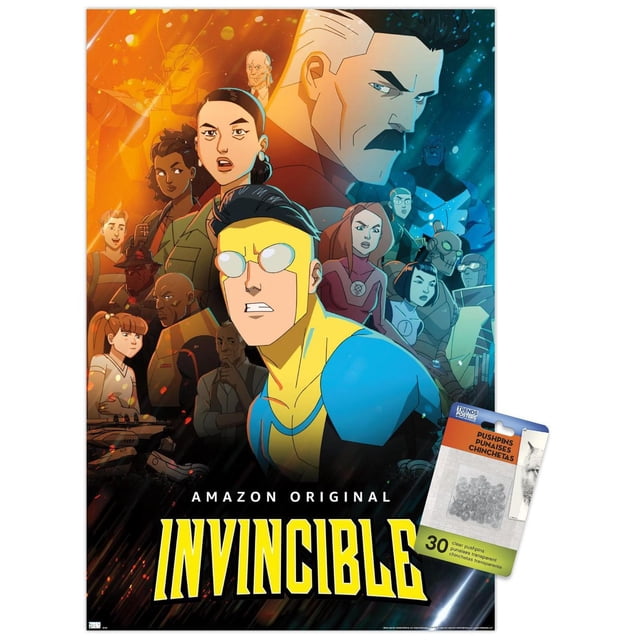 Invincible - Affiche Murale de Groupe un, 22,375 Pouces x 34 Pouces Mettant en Vedette une Impression Brillante et Haute Résolution de Personnages Animés de la Série Originale Amazon Invincible. l'Affiche Met en Valeur un Superhéros central en costume Bleu et Jaune avec un Groupe Diversifié de Personnages derrière, sur Fond Mélangeant des Tons orange Chauds et Bleu Frais. le logo Jaune Audacieux Invincible Apparaît au Bas sur un Fond Noir, Parfait pour une Déco Murale Vibrante à la Maison Ou au Bureau