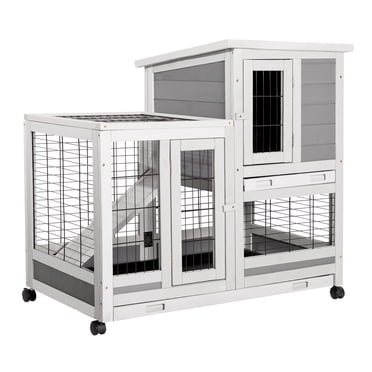 AECOJOY 37" Rabbit Hutch with Run, Small Animal Pet House for Rabbits & Guinea Pigs, Indoor Bunny Cage with Casters, Removable No-Leak Trays and Ladder
