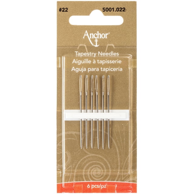 TAPSTRY NDLES 22 Aiguilles à Tapisserie à Ancre Taille 22, six Aiguilles Métalliques Argentées aux Extrémités Arrondies Idéales pour des Projets de Point de Couture et de Point de Croix, Emballées en Plastique Transparent sur une Carte Brune avec Texte Multilingue, Conçues pour des Outils et Fournitures de Tricot.
