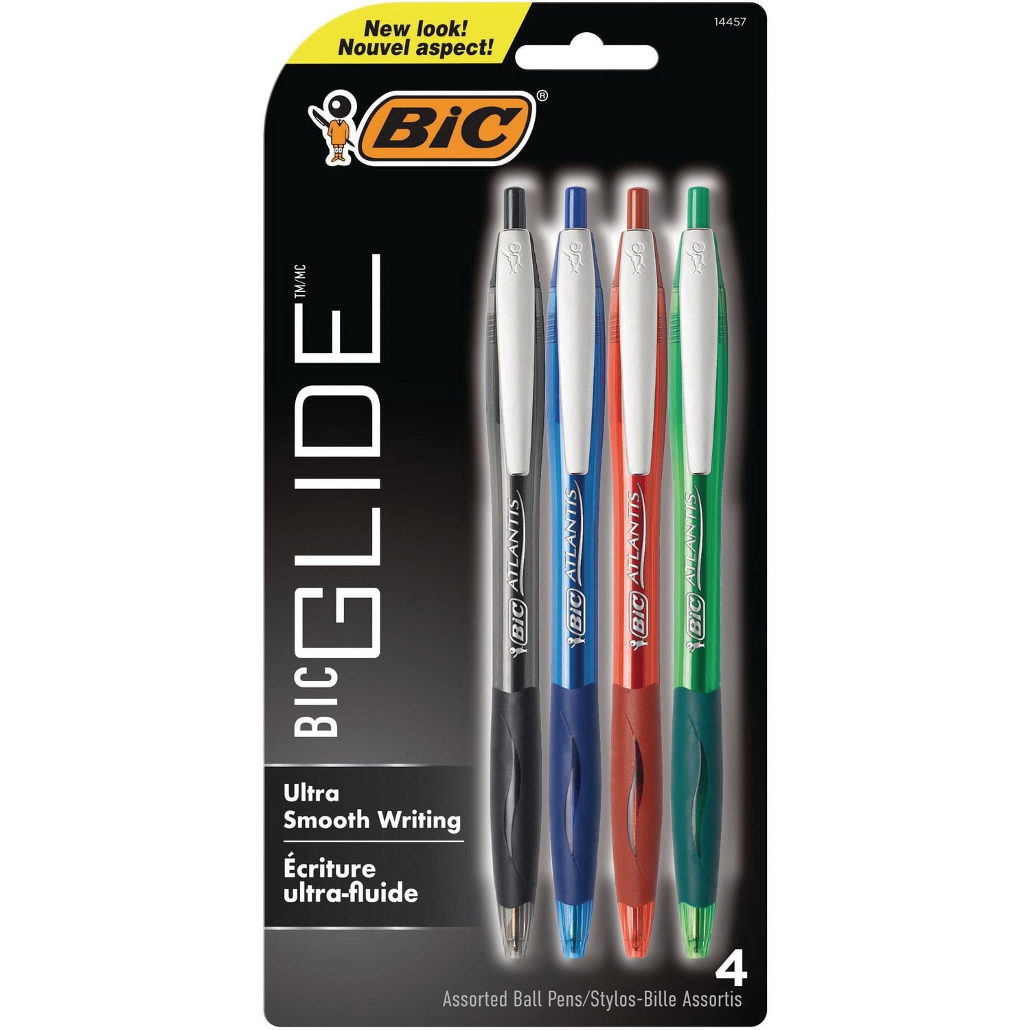 BIC Glide Retractable Ball Pen, Medium Point (1.0 mm), Assorted Colours, Comfortable Rubber Grip, 4-Count