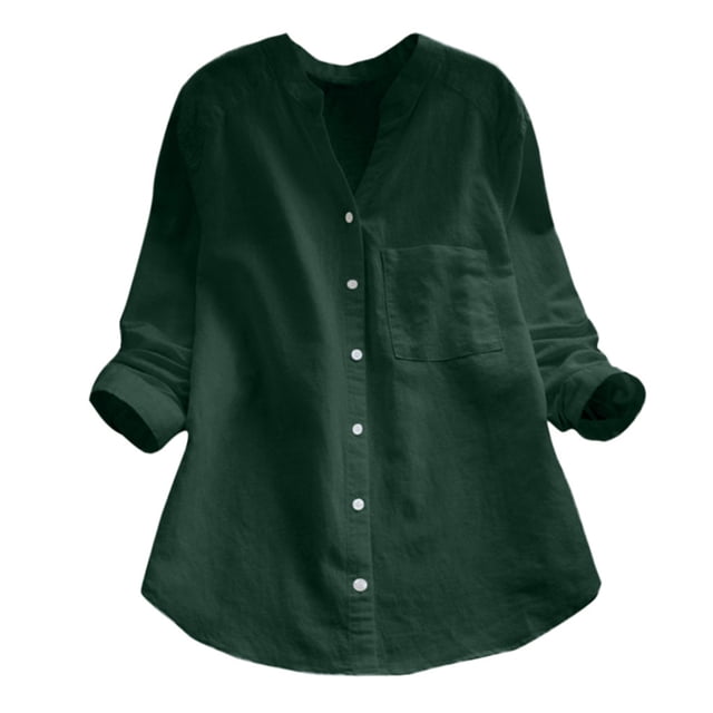Chemise Blouse Décontractée pour Femmes en Coton et Lin Uni à Manches Longues, Boutonnée