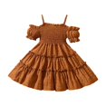 thumbnail image 3 of YDFCWXW Girls Cold Shoulder Shirred White Off Shoulder Ruffle Sleeve Summer A-Line Princess Sundress (Brown, 5-6 Years), 3 of 6