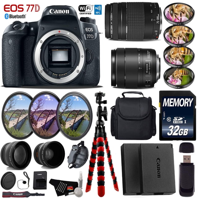 Canon EOS 77D DSLR Camera & 18-135mm is USM Lens & 75-300mm III Lens + UV FLD CPL Filter Kit + 4 PC Macro Kit + Wide Angle & Telephoto Lens + Case + Tripod + Card Reader- Intl Model