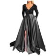 thumbnail image 1 of Mrat Robes d'Été pour Femmes Froncées Fête Fendue Robes d'Automne pour Femmes Col en V Manches Longues Robe Longueur au Sol Robe à Paillettes Froncée devant Plage Noir G, 1 of 6
