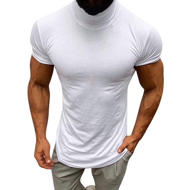 Birdeem Hommes Décontracté Printemps Été Uni Col Montant pour Amincissant Manches Courtes Col Roulé Hauts Blouse Chemises