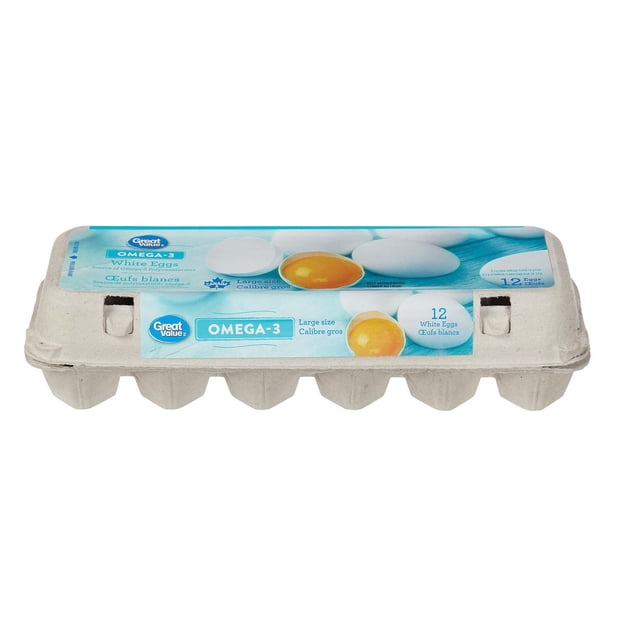 Great Value Omega-3 Large White Eggs carton with 12 whole eggs in recycled pulp packaging, highlighting omega-3 polyunsaturates for heart health and development, labeled large size, suitable for nutritious family meals.