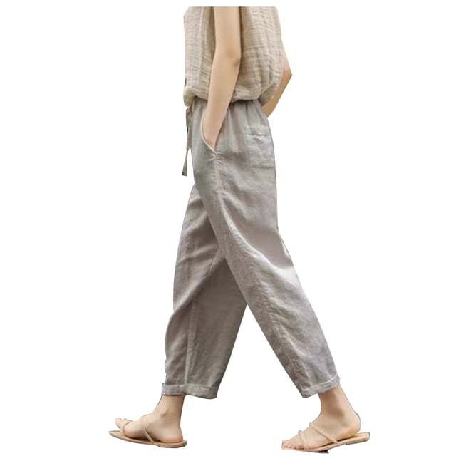 Diufon Cotton Linen Womens Pants Solid Color Lounge Pants High Waist Drawstring Pants with Pockets