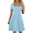 thumbnail image 1 of Robe d'Été pour Femme à Encolure Carrée, Mignonne, à Manches Courtes, Taille Haute, Robes Décontractées Évasées Ligne A, à Volants, Bleu Pâle, S, 1 of 6