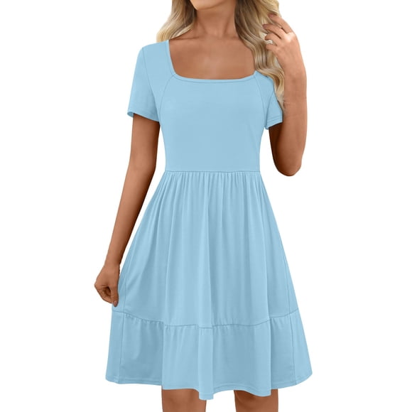 Women's Summer Square Neck Dress Cute Short Sleeve High Waist Dresses Casual A-Line Swing Ruffle Dress Light Blue, 3XL