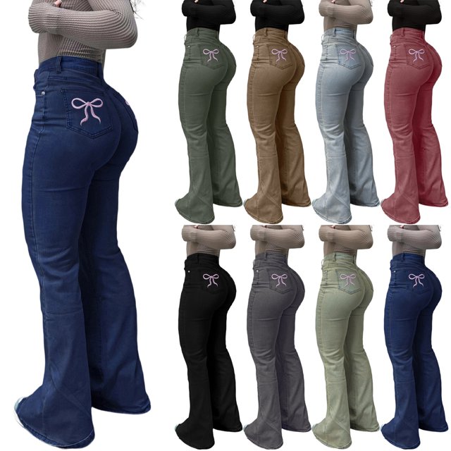 RKSTN Womens Jeans Bowknot Bell Bottom Flare Denim Pants Stretchy High Waisted Summer Pants with Pockets
