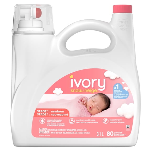 Détergent à lessive liquide Ivory Neige pour bébés, 3,2 L, 80 brassées, s’attaque à 100 % des taches courantes chez les bébés, détergent à lessive