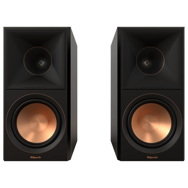 Klipsch RP-600MBII Haut-Parleurs d'Étagère de Référence Premiere en Noir, Présentant un design Moderne avec des woofers en Céramique Couleur Cuivre et un tweeter Tractrix à Chargement par Klaxon pour un Son Haute Fréquence Précis. les Haut-Parleurs Prennent en Charge le Bi-Câblage et le Bi-Amorçage pour la Personnalisation audio et Incluent une grille Magnétique Amovible. Coussinets en Liège Assurent la Stabilité sur Diverses surfaces.