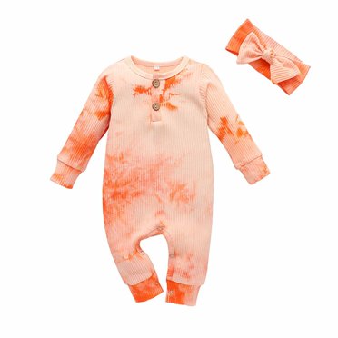 Posijego Baby Girls Tie-Dye Rompers Round Neck Button Cotton Long Sleeve Footless Jumpsuit with Headband