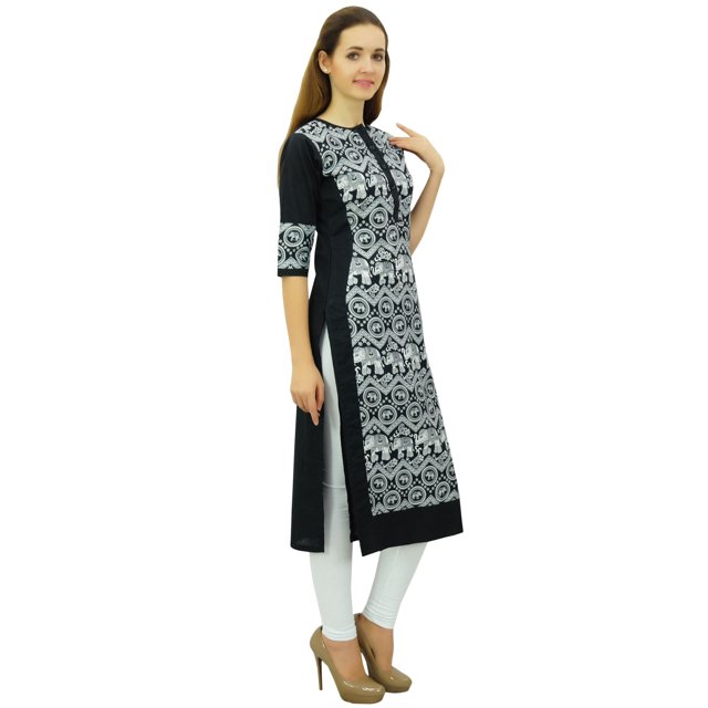 Phagun Kurta Droite Noire pour Femmes Manches 3/4 Imprimée Décontractée Kurti-12