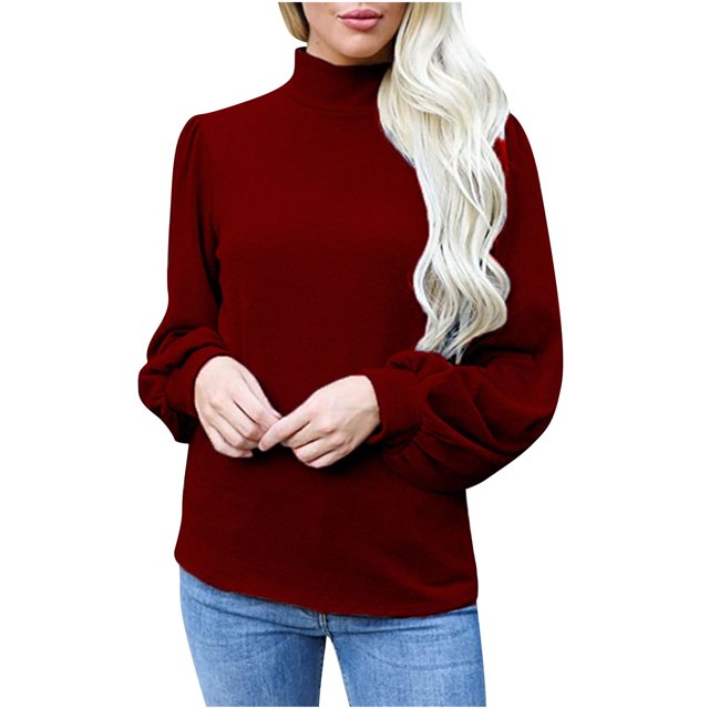 KIHOUT Spring Winter Womens Tops Blouse Long Sleeve High Collared T-shirts Solid Color Casual Loose Sweatshirt Tops