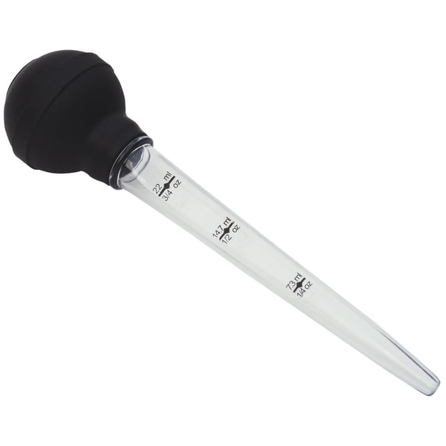 Mainstays™ Baster kitchen utensil with a clear plastic tube marked at 7.3 ml, 14.7 ml, and 22 ml and a black rubber bulb for suction, designed for precise basting of meats and suitable for evenly distributing cooking juices.