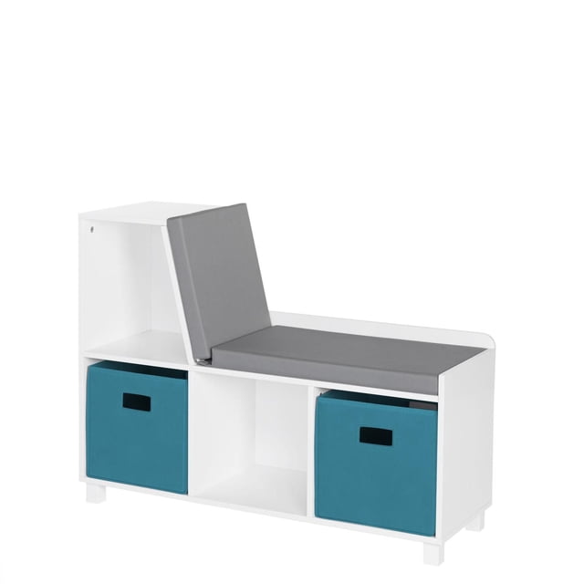 RiverRidge Home Book Nook Collection Storage Bench with Cubbies in White for Kids featuring a white MDF storage bench with three cubbies, two with turquoise fabric bins, and a gray cushioned seat with backrest, ideal for organizing playroom or entryway clutter while providing seating.