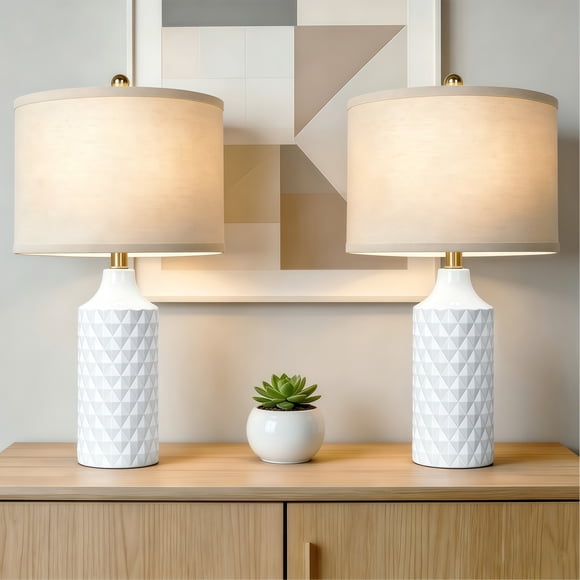 Tnuyoah 26'' Ceramic Bedside Lamps Set of 2 - Farmhouse Table Lamp with Beige Linen Shades for Bedroom, Living Room, Housewarming Gifts for Women & Mom, White
