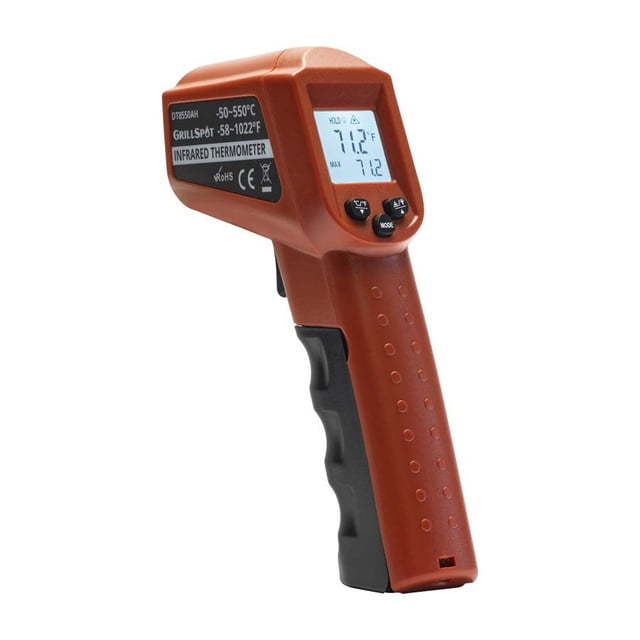 GrillSpot Infrared Thermometer, a handheld cooking thermometer with a bright LCD display showing temperature readings in Fahrenheit and Celsius. Features include a spot ratio of 12:1, auto-off functionality, and rapid surface temperature measurement ranging from -50°C / -58°F to 550°C / 1022°F. Ideal for use with gas grills, pellet grills, charcoal grills, pizza ovens, griddles, and stoves. Includes ergonomic grip and control buttons for mode selection and unit conversion.