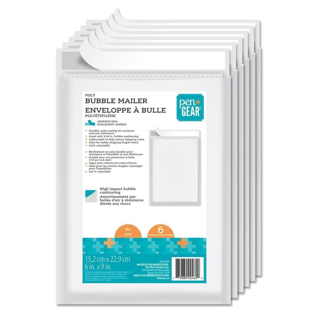 Pen+Gear Envoi de Bulles en Polyéthylène #0 Lot de 6 Envois de Bulles en Polyéthylène Blancs avec Scellage Adhésif, Chacun 6 Po x 9 Po (15,2 cm x 22,9 cm), Doublé d'Un Amorti à Bulles de 3/16 Po pour une protection à Fort impact, Résistant à l'Humidité et aux Déchirures, Léger pour Réduire les Frais d'Expédition, Idéal pour Expédier en Toute Sécurité les Articles Fragiles et Convient à un Envoi Sécurisé et au Rangement de Petits Articles.
