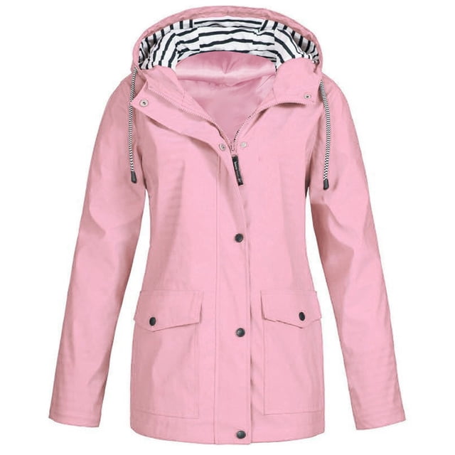 DPTALR Women Solid Rain Jacket Outdoor Plus Size Hooded Raincoat Windproof