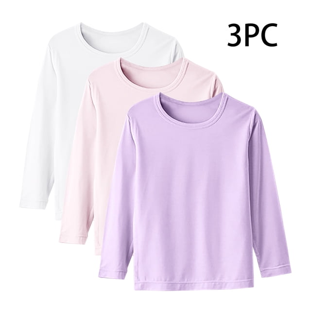 YUNAFFT Unisex Kids Layering T-shirts Long Sleeve Round Neck Lightweight Basic Solid Color Pack of 3 Essential Everyday Style