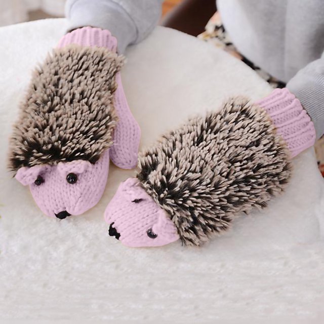 XZNGL Cartoon Hedgehog Wool Double Layer Thermal Insulation with Finger Weave Gloves
