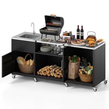 Costway 80" Outdoor Grill Table with Sink Drainage Cabinet Removable Stainless Steel Top