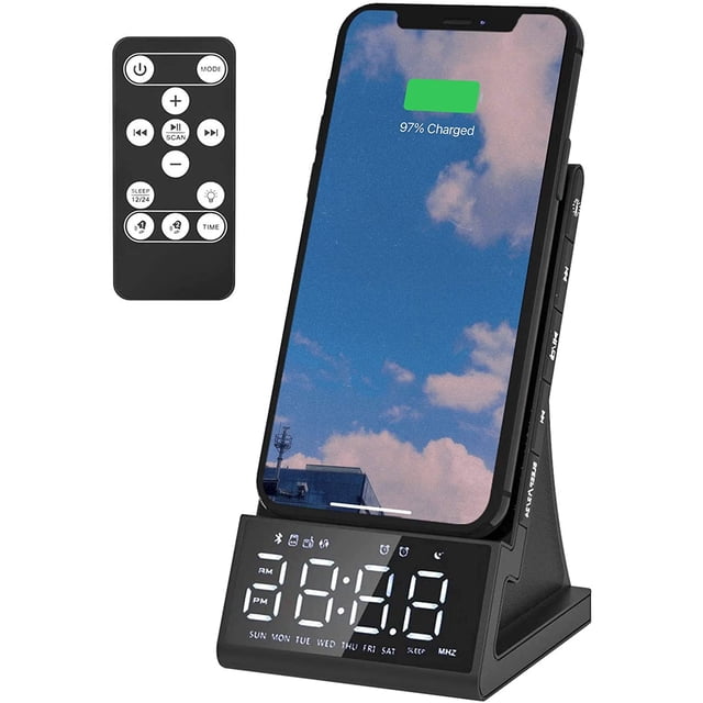 Réveils à Recharge Sans Fil avec Radio FM, Haut-Parleur Bluetooth avec Port de Charge USB, Horloges Électriques pour Chambre/enfants, Variateur de Volume d'Alarme et de Luminosité Réglable, Répétition, Lecture de Cartes TF