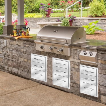 Eastvita 14W Outdoor Kitchen Stainless Steel Flush - Mount BBQ Drawers with Chrome Handle 3-Layer Built - in Drawer for Outdoor Kitchen Island Patio Grill Station